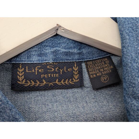 Vintage Life Style Cat Chambray Button Down USA Embroidered Women's PP - Picture 3 of 8